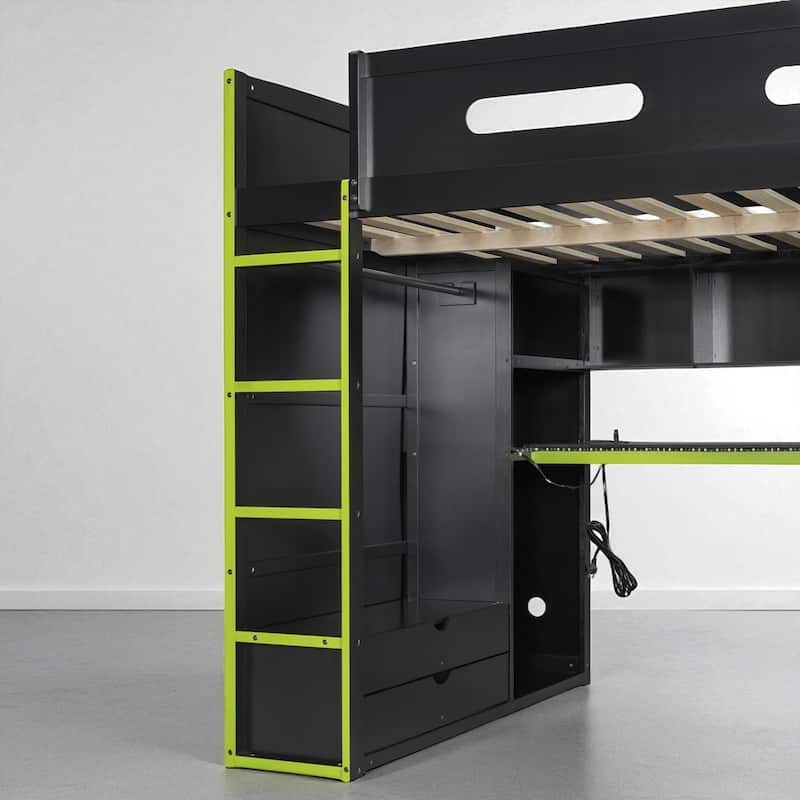 Full Size Loft Bed with Desk, RGB LED Lights, Wardrobes, Drawers and USB Charging Port for Teens and Gamers