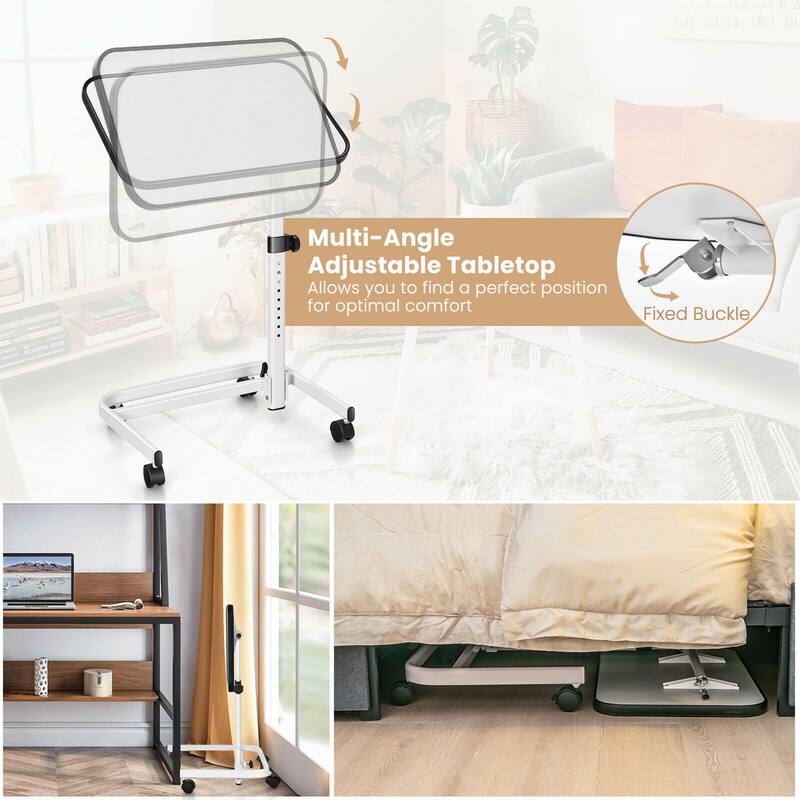 Gymax Overbed Bedside Table Universal Wheels Adjustable Tilt Top
