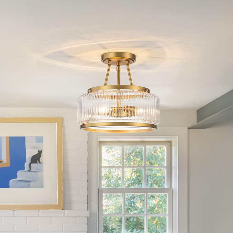 3-Light Industrial-style Black/Gold Lantern Glass Semi Flush Mount - Ribbed Glass - Gold