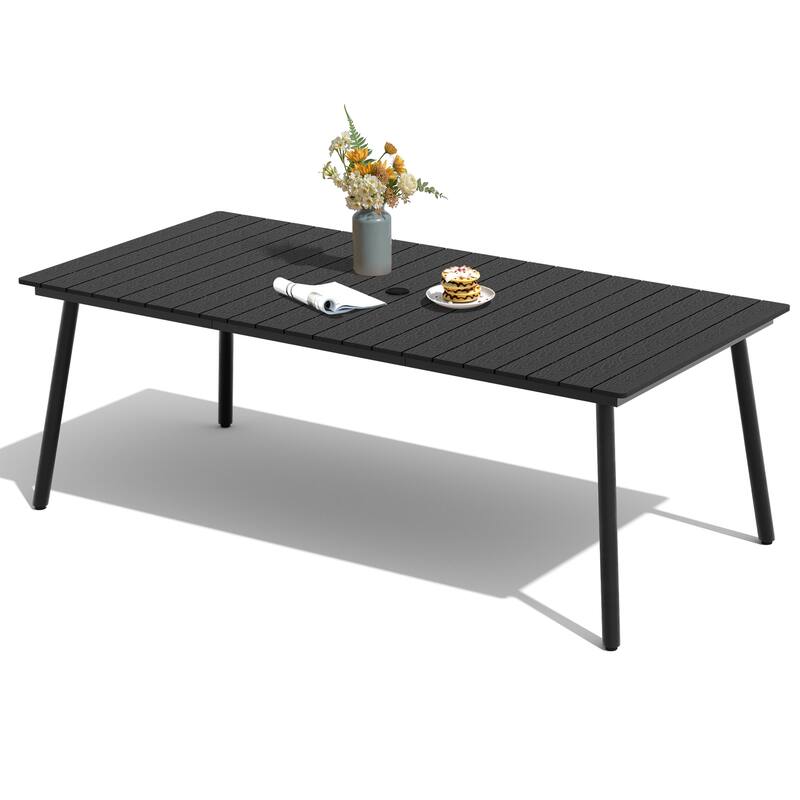 82.7in Outdoor Patio Rectangle Aluminum Wood-Like Dining Table with Umbrella Hole
