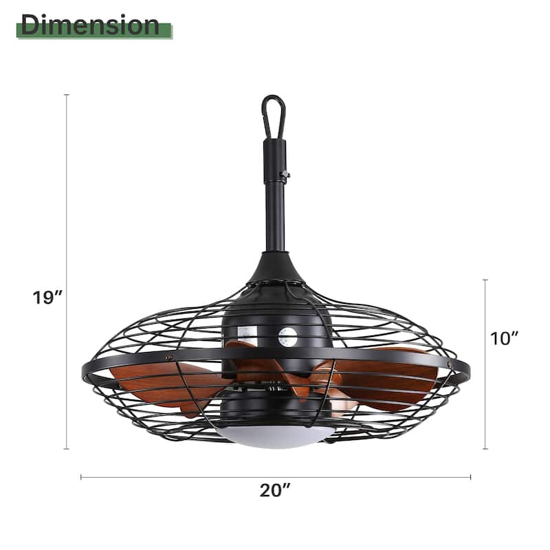 20" Downrod Mount Ceiling Fan LED with Hanging and Hook for Outside Patios Pergola - Black
