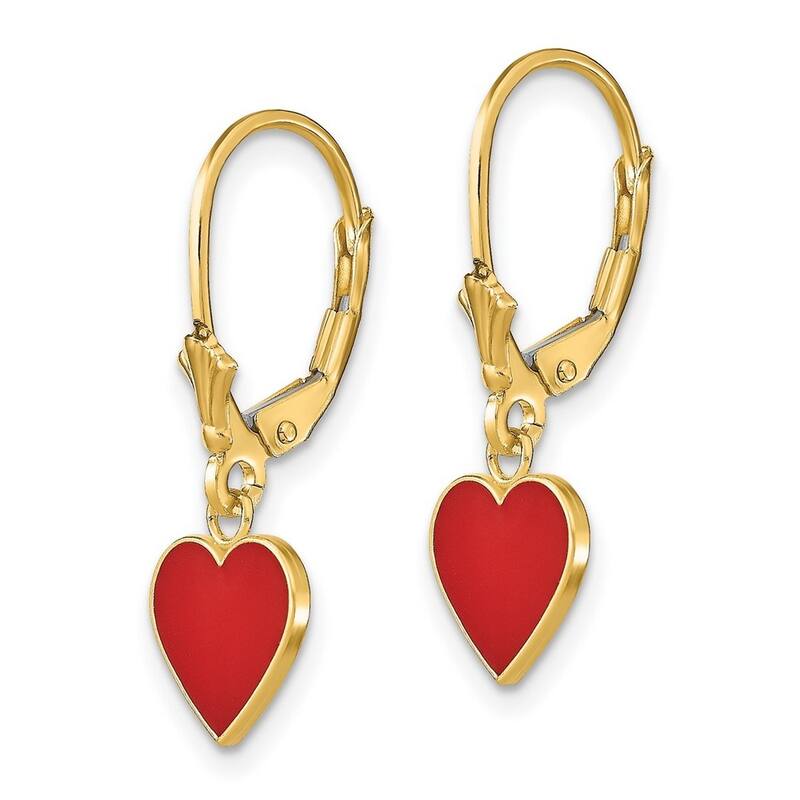 Curata 14k Yellow Gold 3D Mini Red Love Heart Enamel Leverback Earrings - 26x9mm