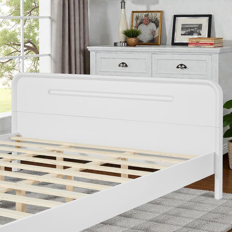Modern Solid Wood Platform Bed, Pine Wood Queen/King Bed Frame with Slats, Stable No Box Spring