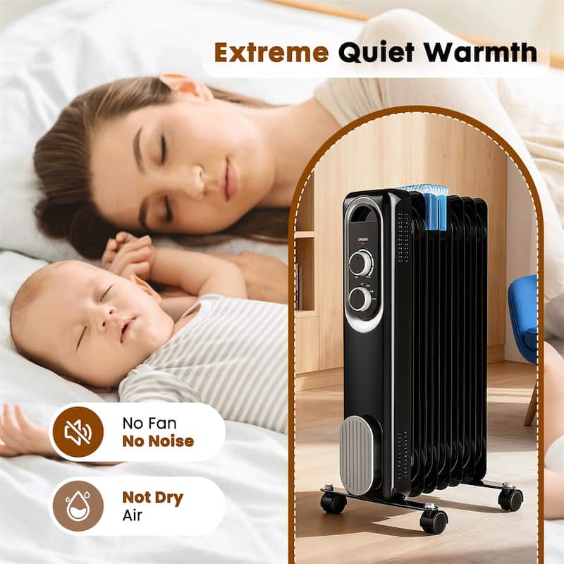 Oil Space Heater, Portable Radiator Heater with 3 Heat Settings, 1500W Thermostat, Tip-Over Protection
