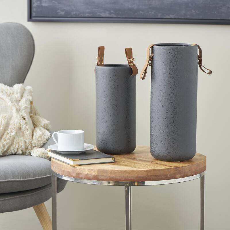Ceramic Decorative Vase with Leather Handles - Set of 2 Black - Roche River Decor