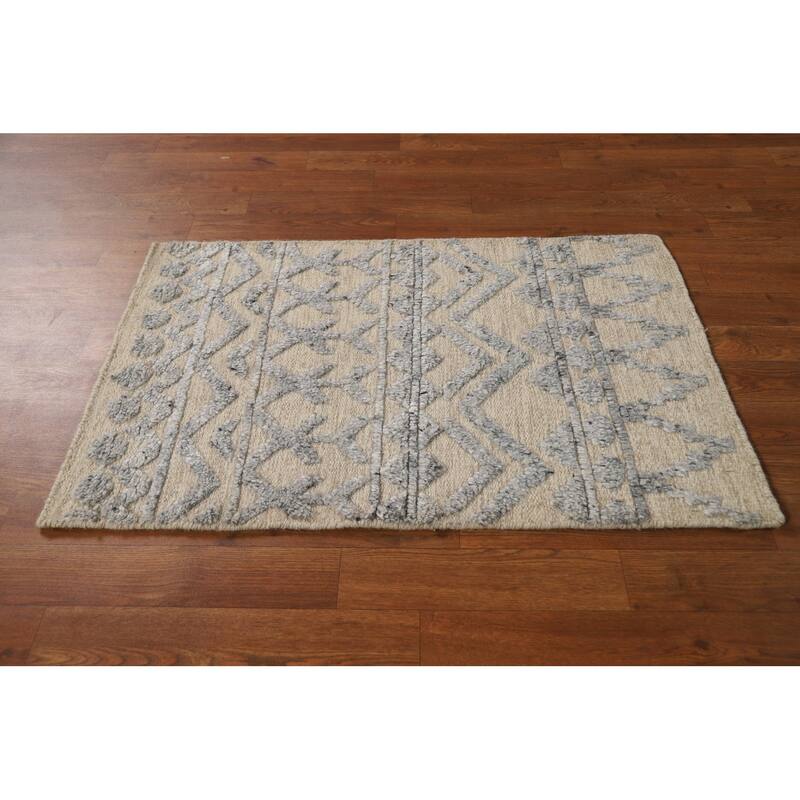 Moroccan Foyer Rug Hand-Knotted Oriental Beige Wool Carpet - 2'0"x 3'0"