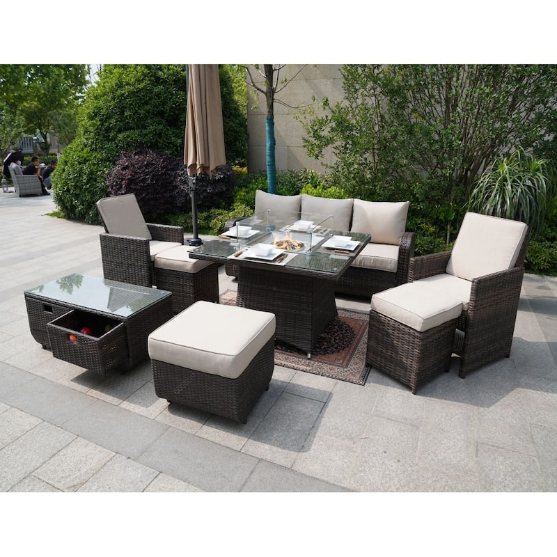 Outdoor Wicker Sofa Patio Set Seating Furniture with Fire Pit Table