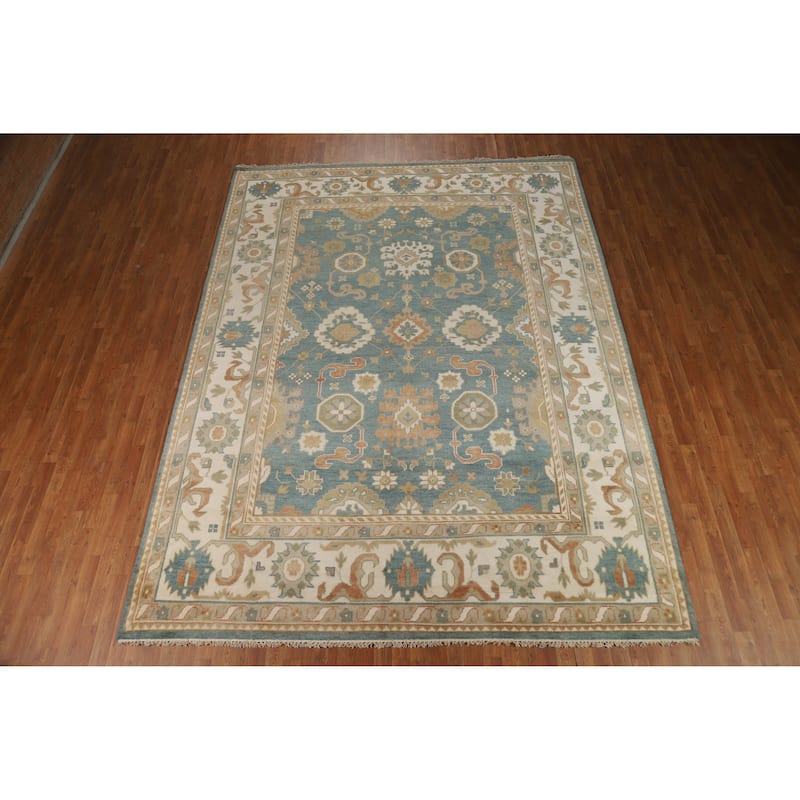 Floral Blue Oushak Style Area Rug Handmade Wool Carpet - 9'0" x 11'10"