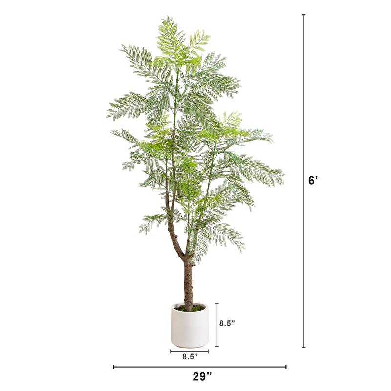 Jacaranda Leave Artificial Tree with White Planter - 6' - Green