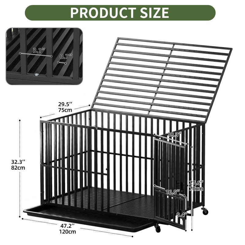 Escape Proof Dog Cage Kennel with Lockable Wheels - Black - 48"