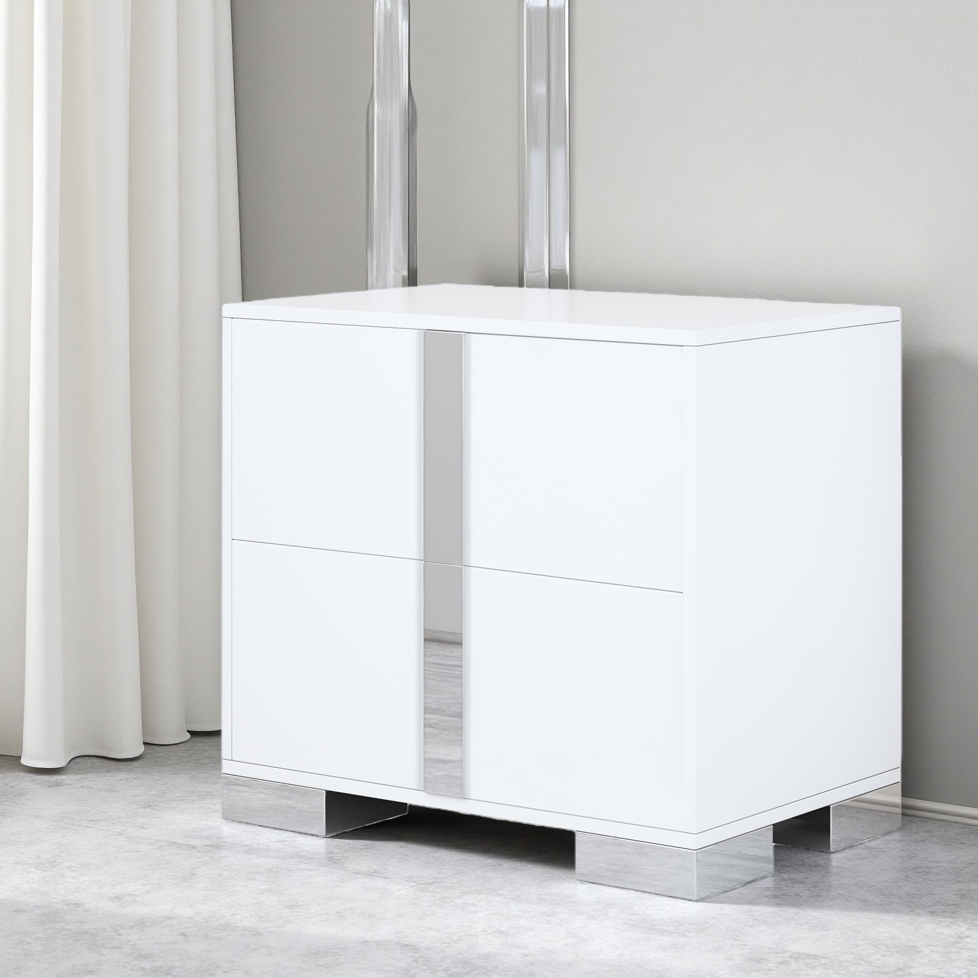 23.3"L MDF Metal Mirrored 2-Drawer Nightstand, Elegant Bedside Table with Metal Foot & Large Storage