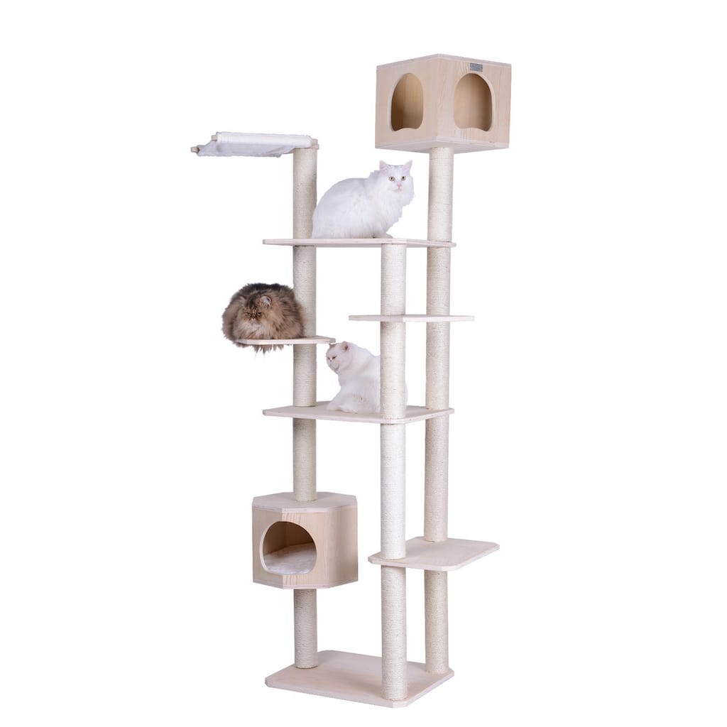 Real Wood Premium Scots Pine 89-Inch Cat Tree with Seven Levels, Two Playhouses - Natural Beige