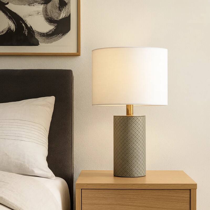 Myn Table Lamp, 18 Inch, White Linen Drum Shade, Gray Leather Base