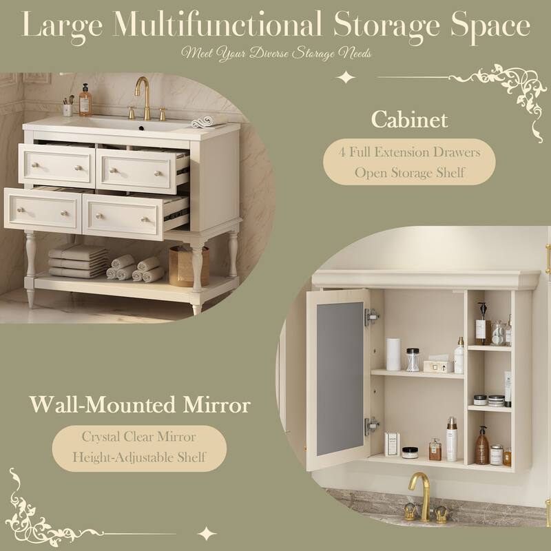 36 inch MDF Freestanding Bathroom Vanity Set with Integrated Resin Sink with Mirror cabinet