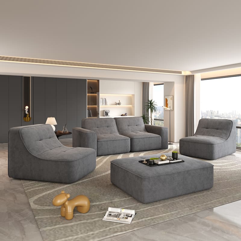 GDFStudio - Modern 143.7" Tufted Chenille Upholstered Modular Sectional Sofa Set with Removable Ottoman & Ergonomic Design
