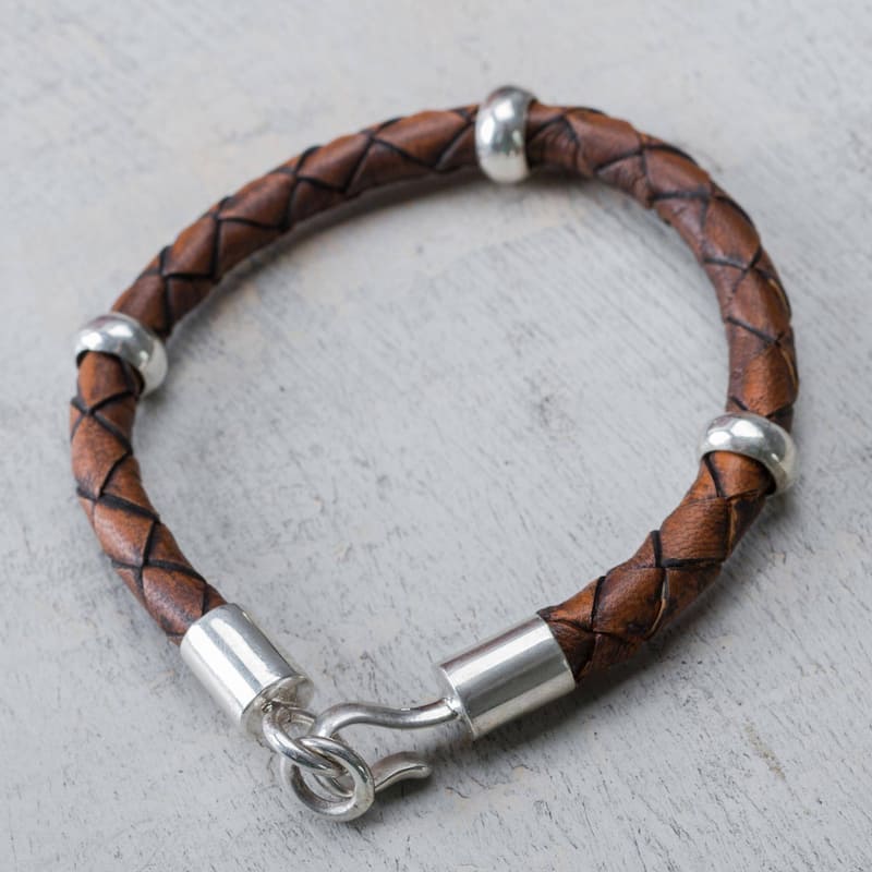 NOVICA Handmade Men's Chankas Warrior Leather Sterling Silver Bracelet (Peru) - 0.3" x 8.75"