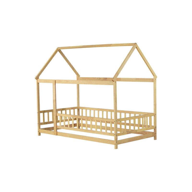 Twin Size House Floor Wooden Bed with Roof Frame, Safety Guardrails, Natural