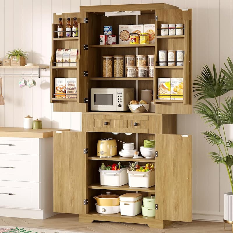 72" Tall Kitchen Pantry Cabinet with Adjustable Shelves, Door Shelves and Drawer,White Large Storage Cabinet with Sensor Light