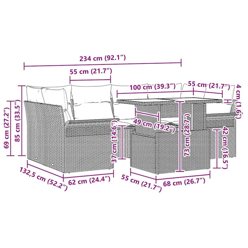 vidaXL 7 Garden Sofa Set with Cushions Black/Brown/Grey Poly Rattan - 92.1 x 52.2 x 27.2