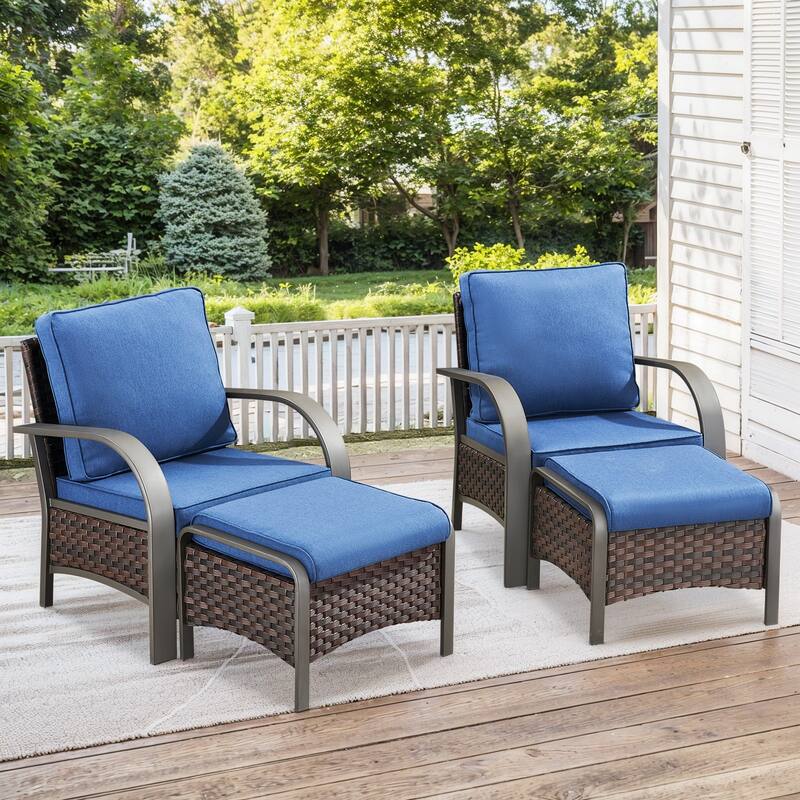 4 Piece Patio Outdoor Chair with Ottomans - Brown - Blue