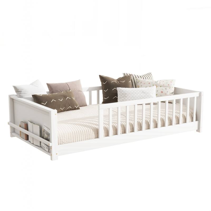 Twin size Floor Platform Bed with Built-in Book Rack