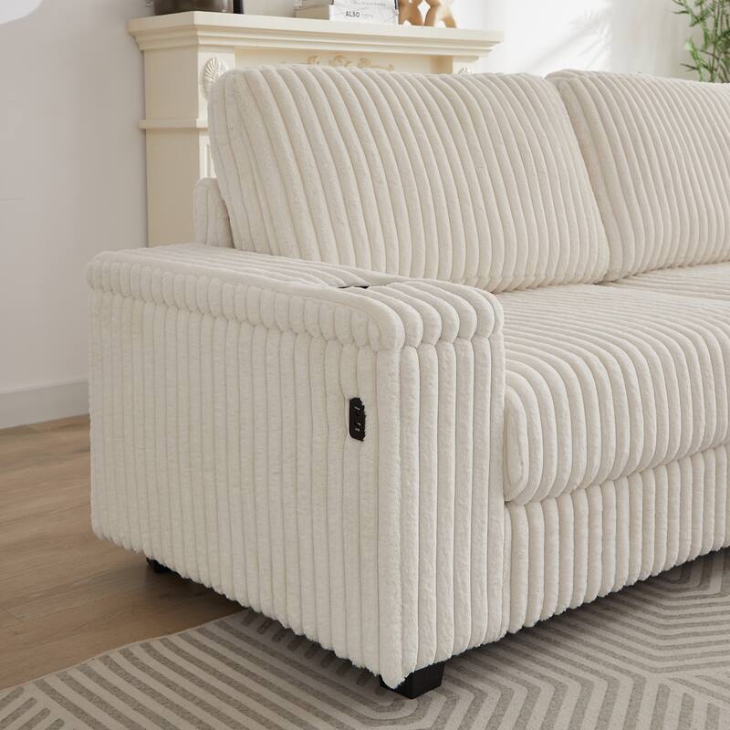 110" Corduroy L-Shaped Sectional Sofa with Storage, USB Charging and Cup Holders