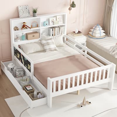 Childlike Fun Solid Wood Low-profile Platform Bed Storage Bed Frame with Side Chalkboard, Open Shelves, Drawers and Guardrails