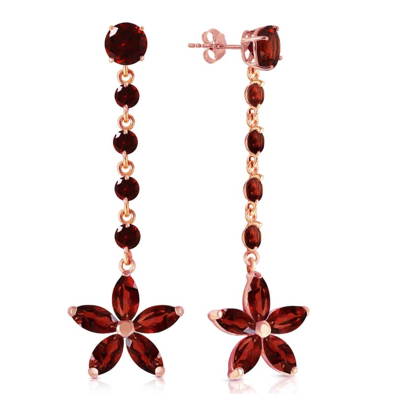 14K Solid Gold Chandelier Flower Garnet Natural Gemstone Earrings - Rose