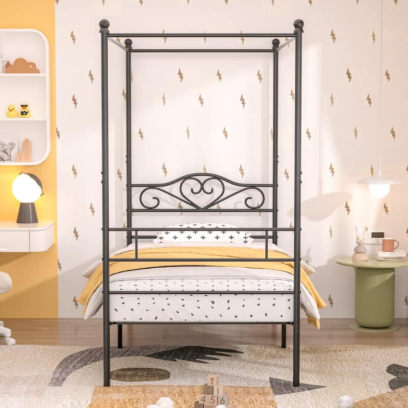 VECELO Twin Bed Set of 2 Canopy Bed Frame with Headboard and Footboard, Metal Four Posters Design