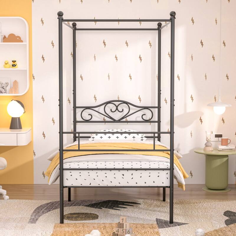 VECELO Twin Canopy Bed Frame with Headboard and Footboard, Metal Four Posters Design, Platform with Steel Slats Support