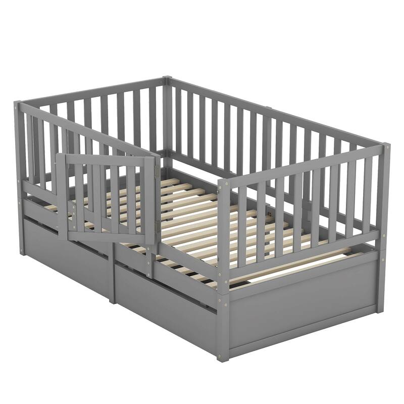 Twin Size Wood Daybed with Fence Guardrails and 2 Drawers
