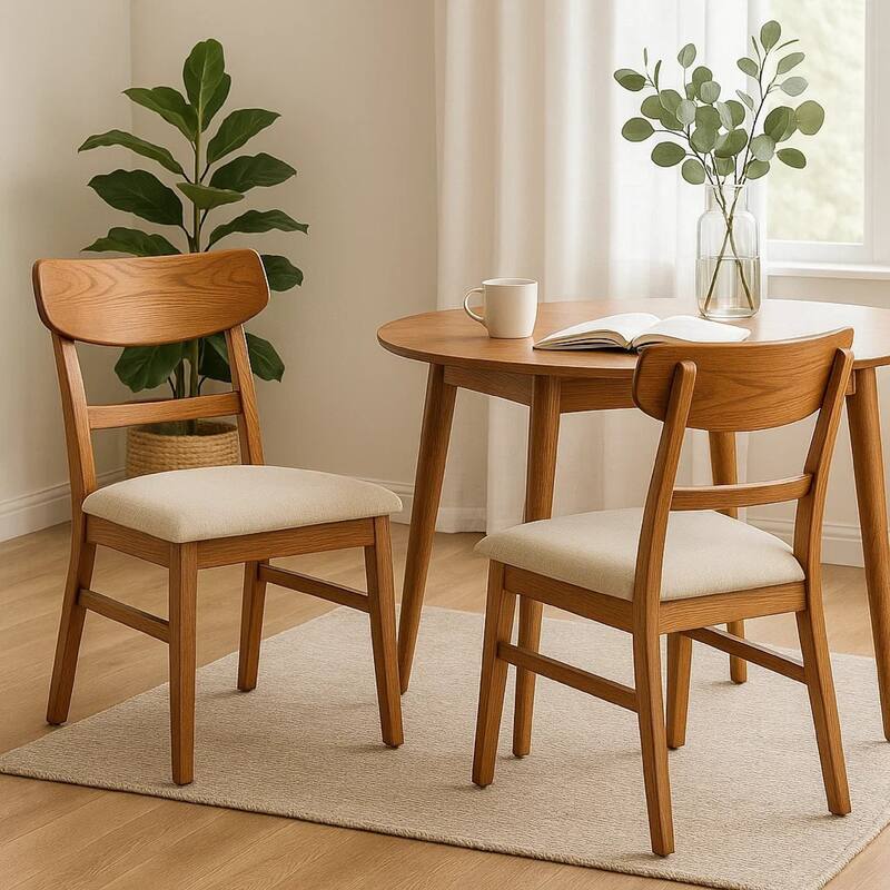 Amy Dining Chair Set of 2, Curved Back, Beige Seat, Light Brown Solid Wood