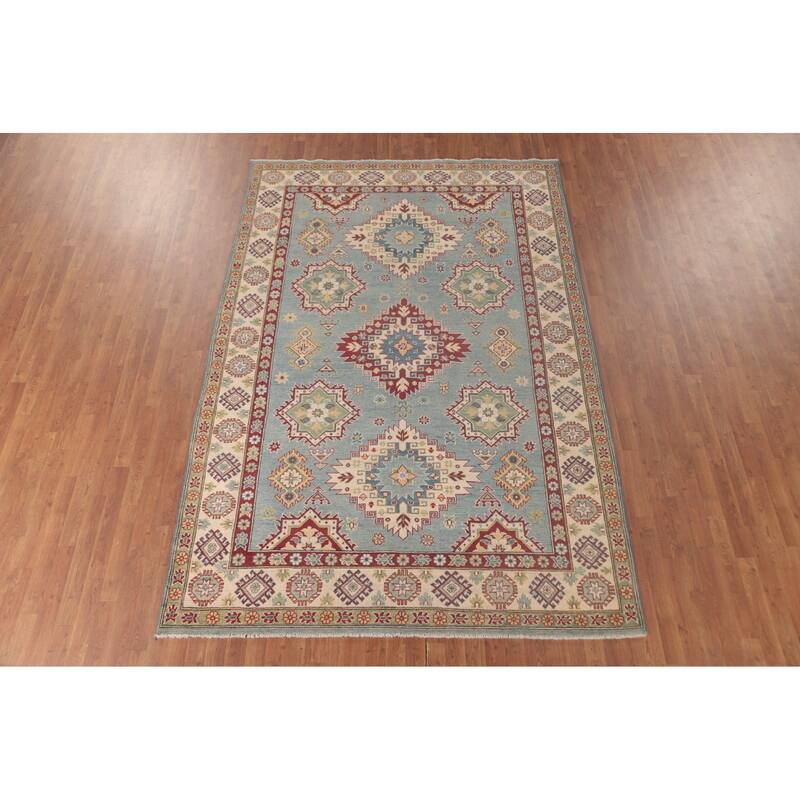 Light Blue Traditional Kazak Area Rug Hand-Knotted Wool Carpet - 6'10" x 10'0"