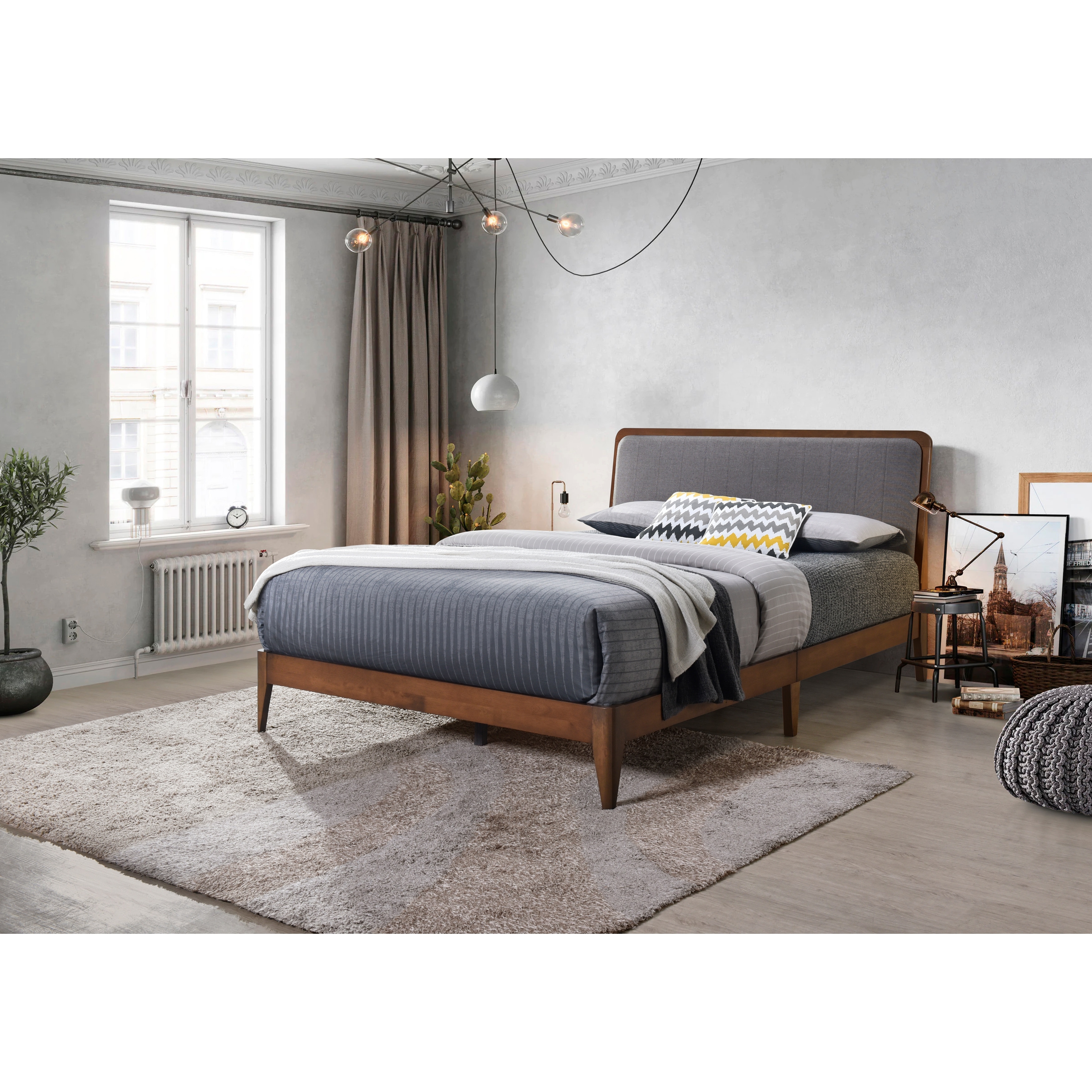 Raven Grey Upholstered Walnut Wood Queen Platform Bed Frame On