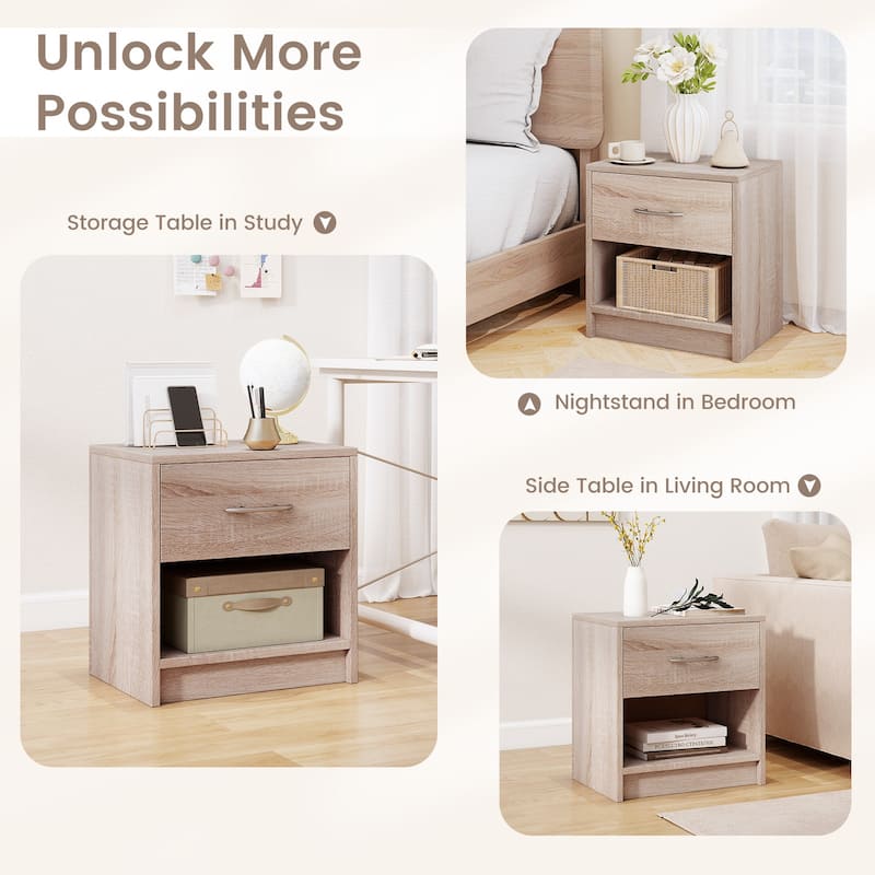 Gymax 2 PCS Nightstand w/ Drawer Side Table w/ Slide-out Drawer Open