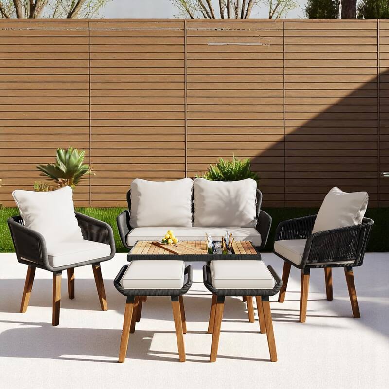 6-Piece Outdoor Wicker Sofa Set Acacia Wood Coffee Table with Ice Bucket, and Ottomans-Patio Furniture Set