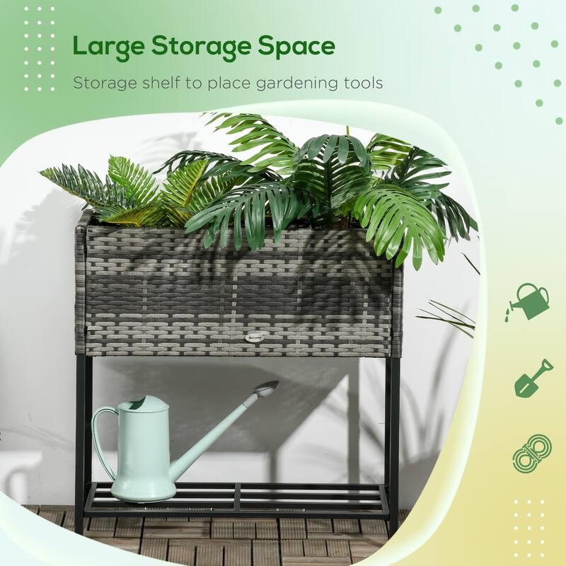 Modern Minimalist Rattan Wicker Garden Bed with Tool Storage Shelf, for Herbs Veqetables Flowers, Black - 8' x 10'