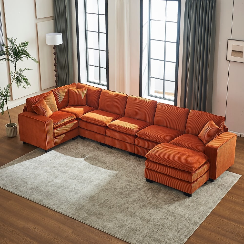 118.1'' Luxurious U-Shaped 6-Seater Sectional Sofa with Ottoman and 3 Plush Throw Pillows in Durable Corduroy Upholstery