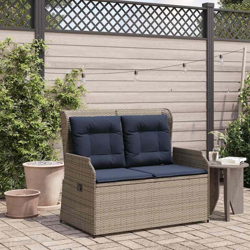 vidaXL Garden Bench with Cushion Brown Poly rattan - 26 x 43 x 37 - gray and navy blue