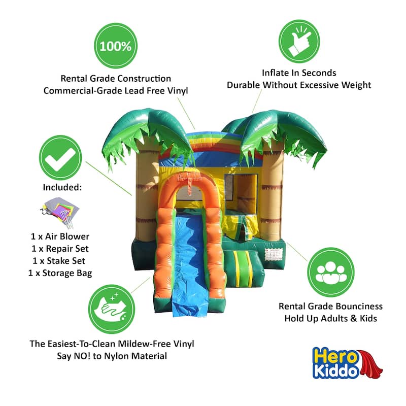 HeroKiddo Tropical Forest Commercial Grade Inflatable Bounce House & Water Slide Combo with Attached Pool & Air Blower for Kids