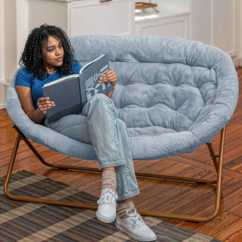 Folding Synthetic Fur Double Saucer Chair with Steel Frame - 27.5"D x 55.5"W x 33.5"H
