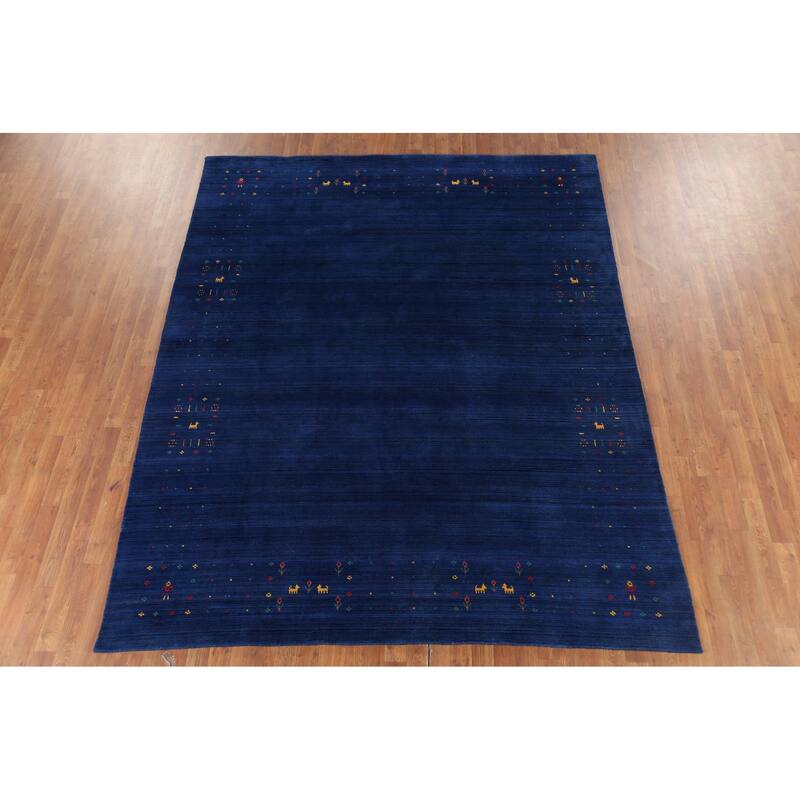 Blue Tribal Gabbeh Indian Area Rug Handmade Wool Carpet - 7'7"x 9'5"