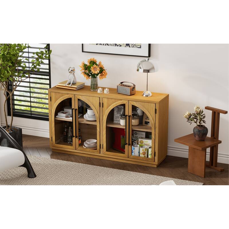 4-Door Large Storage Buffet Cabinet with Glass Doors and Adjustable Shelves