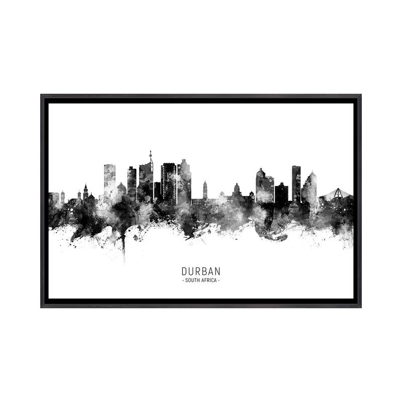 iCanvas "Durban South Africa Skyline Name Bw" by Michael Tompsett Framed - Ebony - 18x26