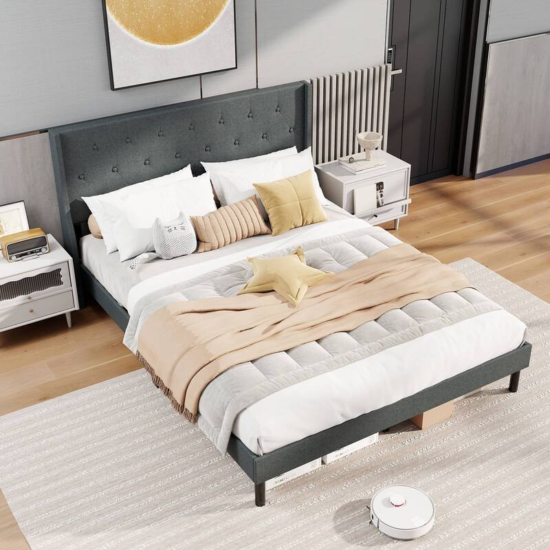 Costway Queen Size Bed Frame Linen Upholstered Mattress Foundation
