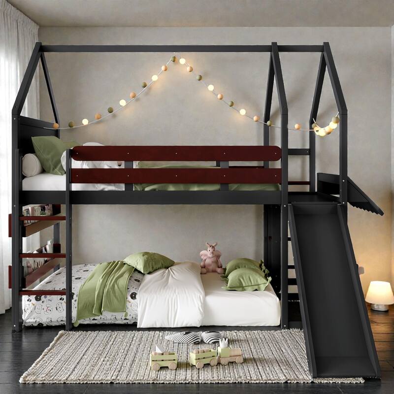 Full Size Kids Loft Bed with Bookshelf and Slide, House-Shaped Play Bed with Stairs, Safety Guardrails