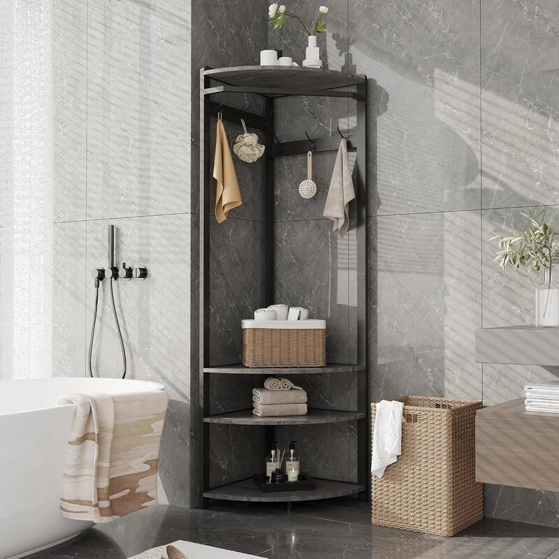 Coat Rack Stand Corner Hall Tree With Shoe Bench 6 Hooks and Storage Shelf
