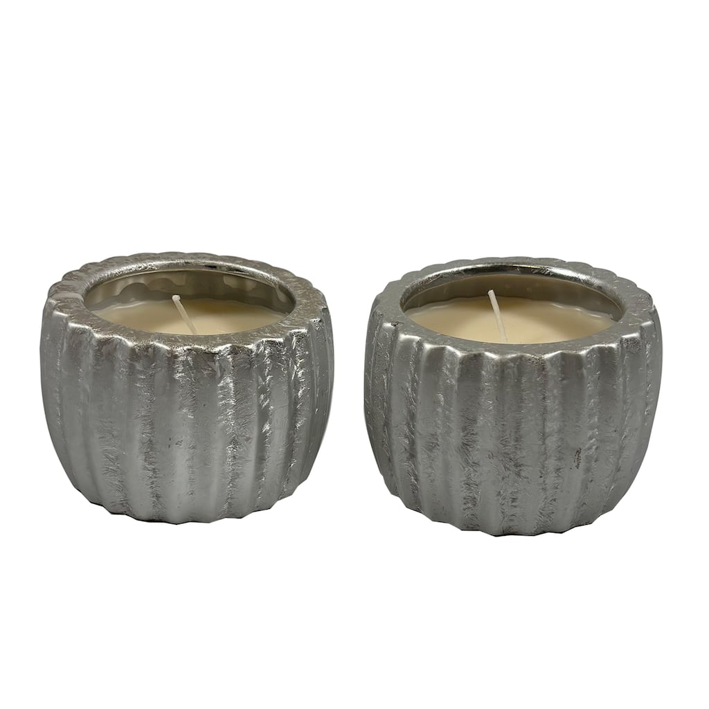 Silver Set of Two Grooved Metallic Candle Bowls Six Ounce Decor