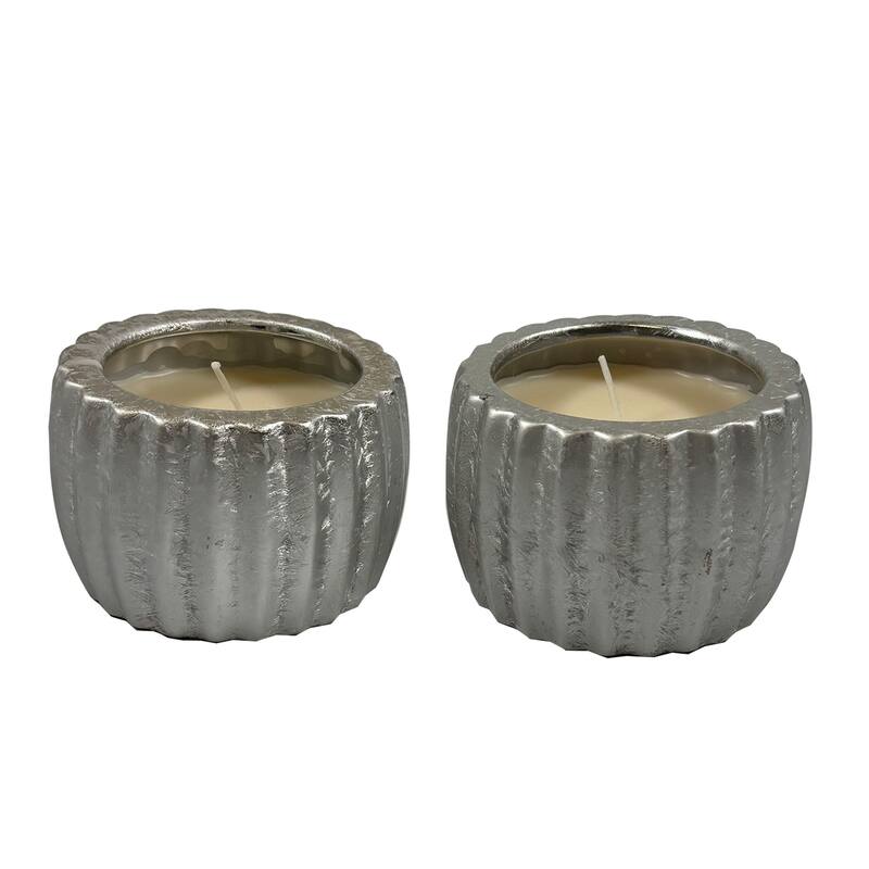 Silver Set of Two Grooved Metallic Candle Bowls Six Ounce Decor - Silver