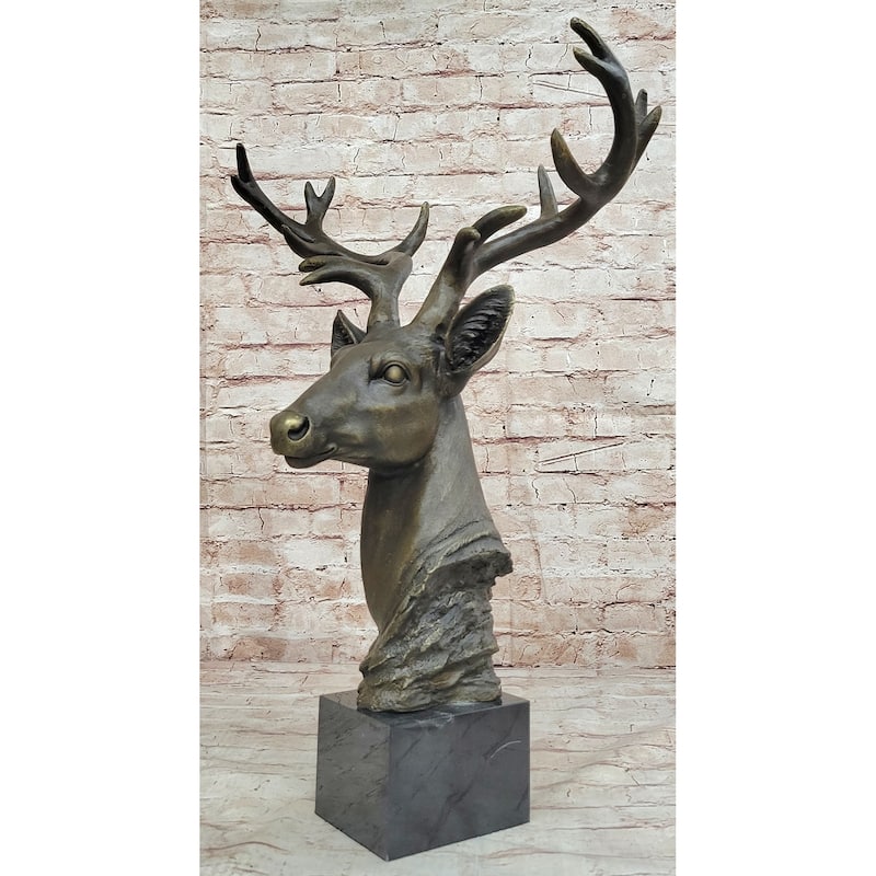 Stag Buck Deer Elk Head Bust Bronze Sculpture Statue On Marble Base